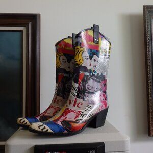 Colorful newsprint cartoon rain rubber boots wellies